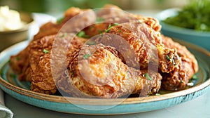 Food photography, fried chicken, golden and crispy, captured mid-drip with honey on a classic blue diner plate