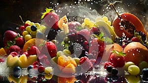 Food photography fruit salad explosion composition, with fresh fruits on dark background.