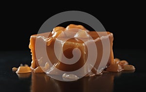 Food A piece of caramel fudge rests on a black surface