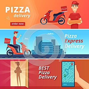 Food pizza delivery. Postal courier deliver man ride on bike vector character in cartoon style
