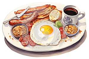 Food plate traditional breakfast english egg bacon toast meal sausage background white fried