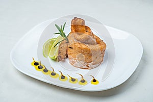 Food in plates on a white background