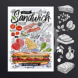 Food poster, ad, fast food, ingredients, menu, sandwich, sub, snack. Sliced veggies, cheese, ham, bacon. Yummy cartoon