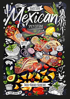 Food poster, ad, fast food, menu, mexican cuisine, nachos, burritos, tacos, snack. Avocado, cheese, bean, corn, chicken