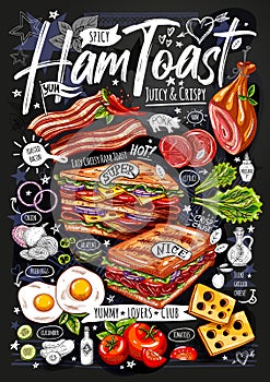Food poster, ad, fast food, set, menu, toast, sandwich, ham, pork, bacon, grilled eggs, lsnack. Yummy cartoon style