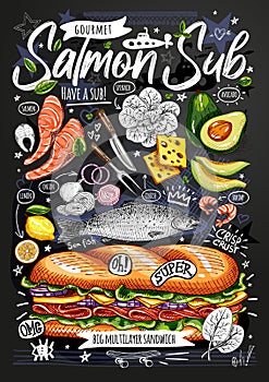 Food poster, ad, fast food, ingredients, menu, sandwich, sub, snack. Sliced veggies, cheese, salmon, avocado. Yummy