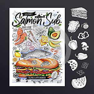 Food poster, ad, fast food, ingredients, menu, sandwich, sub, snack. Sliced veggies, cheese, salmon, avocado. Yummy