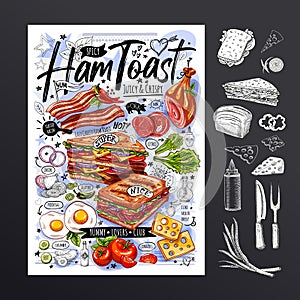 Food poster, ad, fast food, set, menu, toast, sandwich, ham, pork, bacon, grilled eggs, lettuce, snack. Yummy cartoon