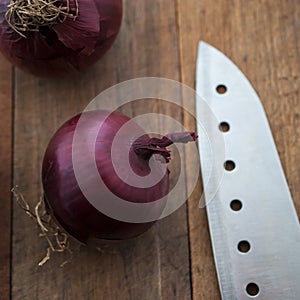 Food preparation, cooking concept: fresh raw red onions, knife on a rustic wooden cutting board background