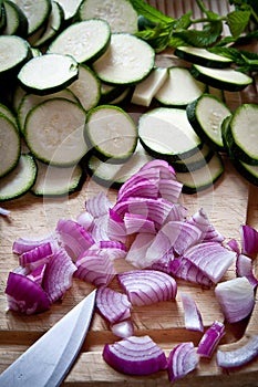 Food preparation: courgettes and onions