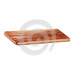 Food preparation, kitchen utensils. A rectangular wood chopping board with round corners at an angle prospective. Watercolor