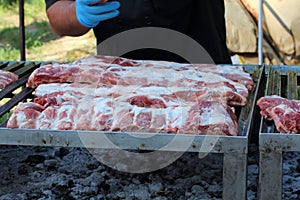 Food preparation, rack of pork ribs