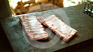 Food preparation, rack of pork ribs. Glazed, outdoor.