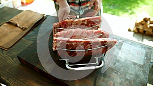 Food preparation, rack of pork ribs. Glazed, outdoor.