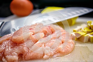 Food Preparation with Sliced Raw Chicken on a Cutting Board
