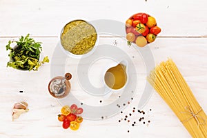 Food preparation. Spaghetti cooking ingredients.