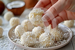 food presentation, fingers grabbing a coconut ball, getting ready to savor the delicious, sweet treat photo