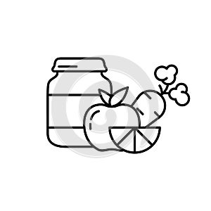 Food preservation. Glass jar with baby food and different fruits and vegetables. Line art icon of natural vegetarian puree.