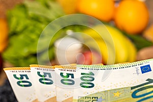 Food prices in the European Union, Economic concept, Bundle of Euro banknotes against the background of various types of food