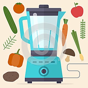 Food processor, mixer, blender and vegetables.