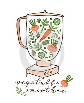 Food processor, mixer, blender and vegetables. Healthy poster with text - `Vegetable smoothie`. Vector illustration.