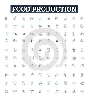 Food production vector line icons set. Farming, Agriculture, Processed, Production, Packaging, Quality, Culinary