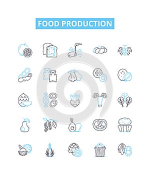 Food production vector line icons set. Farming, Agriculture, Processed, Production, Packaging, Quality, Culinary