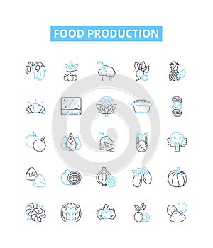 Food production vector line icons set. Farming, Agriculture, Processed, Production, Packaging, Quality, Culinary
