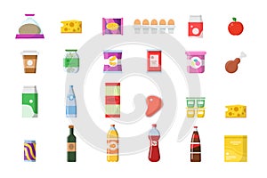 Food products. Grocery basket meat soft drinks macaroni cheese yogurt bread vector shopping collection isolated