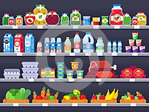 Food products on shop shelf. Supermarket shopping shelves, food store showcase and choice packed meal products sale vector