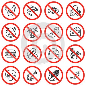 Food prohibition signs line icons set.