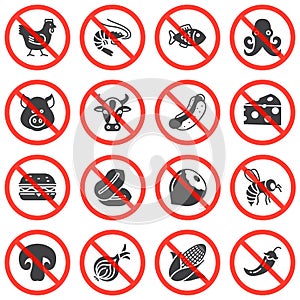 Food prohibition signs vector icons set