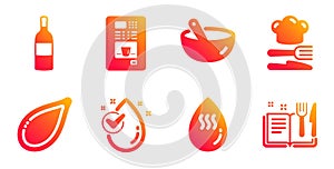 Food, Pumpkin seed and Cooking mix icons set. Wine bottle, Water drop and Hot water signs. Vector