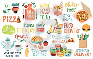 Food and Quarantine Covid-19 letterings and other elements. Home delivery and Home cooking