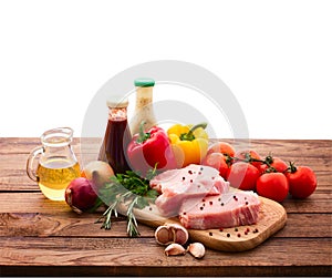 Food. Raw meat for barbecue with fresh vegetables