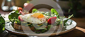 Food recipe Sandwich with fried egg, avocado, tomatoes, spinach on plate