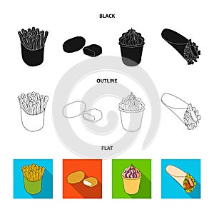 Food, refreshments, snacks and other web icon in black,flat,outline style.Packaging, paper, potatoes icons in set