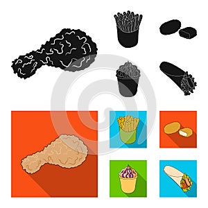 Food, refreshments, snacks and other web icon in black, flat style.Packaging, paper, potatoes icons in set collection.