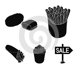 Food, refreshments, snacks and other web icon in black style.Packaging, paper, potatoes icons in set collection.