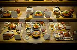 Food replicas on the shelves in front of Japanese restaurants in shopping mall Bangkok