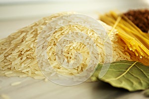 Food: rice, buckwheat, spaghetti on the table