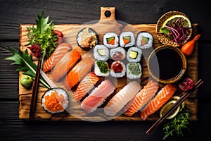 food rice fresh healthy fish asian roll sushi japanese seafood. Generative AI.