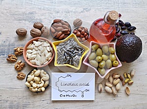 Food rich in linoleic acid with chemical formula of linoleic acid. Nuts, seeds, oils contain omega 6, 3 essential fatty acids