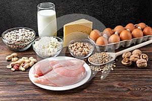 Food rich of protein.Healthy eating and diet concept. Eggs, cheese, cottage cheese, walnut, peanut, green lentil, beans and chick