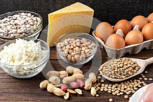 Food rich of protein.Healthy eating and diet concept. Eggs, cheese, cottage cheese, walnut, peanut, green lentil, beans and chick