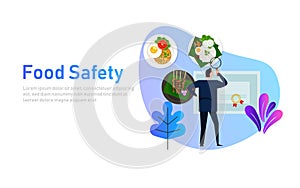 Food safety concept of standard compliance. Man looking at food certification paper document.