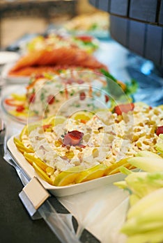 Food, salad and dish for restaurant buffet for catering service, platter selection and banquet for eating. Cafeteria