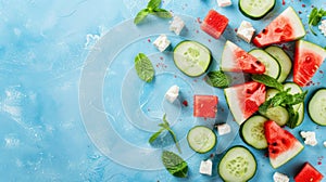 Food Salad with watermelon, cucumbers, feta cheese, mint on blue background AIG50