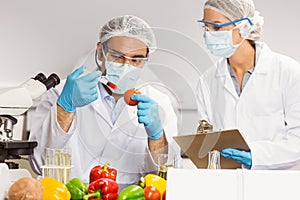 Food scientist injecting a tomato