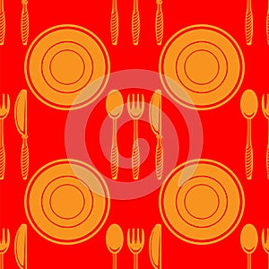 Food Seamless Pattern for Cafe. Fork Spoon Knife Logo Design Isolated on Red Background